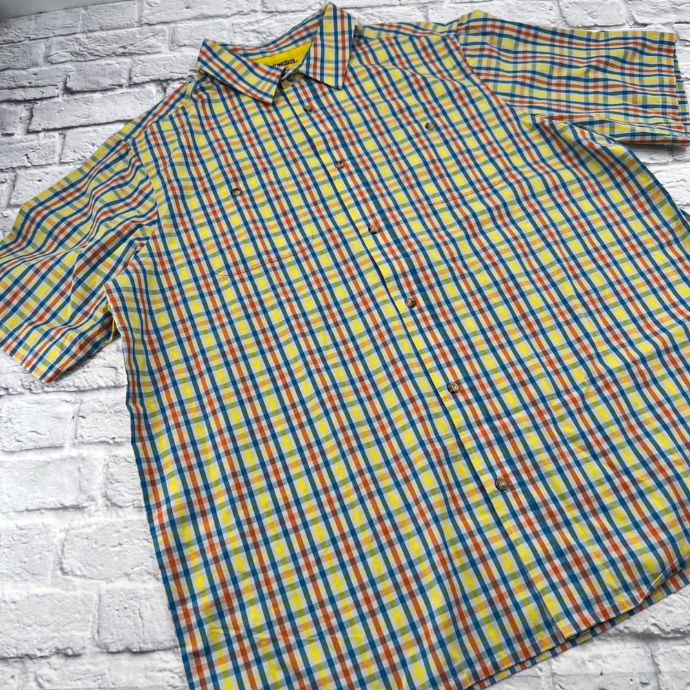 KingSize Mens 2XL Tall Short Sleeve Button Down Shirt Plaid Blue Yellow